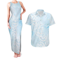 Polynesian Tiare Monstera Baby Blue Couples Matching Tank Maxi Dress and Hawaiian Shirt Liquid Style LT01 Blue - Polynesian Pride