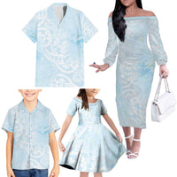 Polynesian Tiare Monstera Baby Blue Family Matching Off The Shoulder Long Sleeve Dress and Hawaiian Shirt Liquid Style LT01 - Polynesian Pride