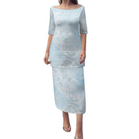 Polynesian Tiare Monstera Baby Blue Family Matching Puletasi and Hawaiian Shirt Liquid Style LT01 Mom's Dress Blue - Polynesian Pride