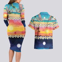 Hawaii Beach Landscape Time-Lapse Couples Matching Long Sleeve Bodycon Dress and Hawaiian Shirt Tropical Plumeria Flowers LT01 - Polynesian Pride