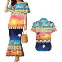 Hawaii Beach Landscape Time-Lapse Couples Matching Mermaid Dress and Hawaiian Shirt Tropical Plumeria Flowers LT01 Multicolor - Polynesian Pride