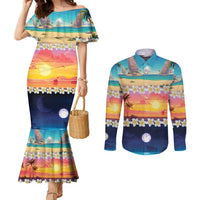 Hawaii Beach Landscape Time-Lapse Couples Matching Mermaid Dress and Long Sleeve Button Shirt Tropical Plumeria Flowers LT01 Multicolor - Polynesian Pride