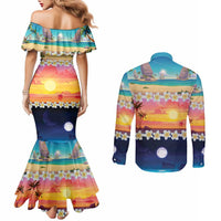 Hawaii Beach Landscape Time-Lapse Couples Matching Mermaid Dress and Long Sleeve Button Shirt Tropical Plumeria Flowers LT01 - Polynesian Pride