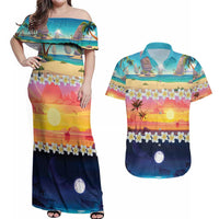 Hawaii Beach Landscape Time-Lapse Couples Matching Off Shoulder Maxi Dress and Hawaiian Shirt Tropical Plumeria Flowers LT01 Multicolor - Polynesian Pride