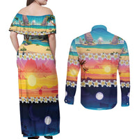 Hawaii Beach Landscape Time-Lapse Couples Matching Off Shoulder Maxi Dress and Long Sleeve Button Shirt Tropical Plumeria Flowers LT01 - Polynesian Pride