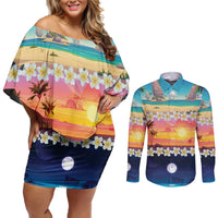 Hawaii Beach Landscape Time-Lapse Couples Matching Off Shoulder Short Dress and Long Sleeve Button Shirt Tropical Plumeria Flowers LT01 Multicolor - Polynesian Pride