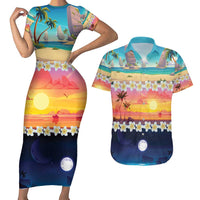 Hawaii Beach Landscape Time-Lapse Couples Matching Short Sleeve Bodycon Dress and Hawaiian Shirt Tropical Plumeria Flowers LT01 Multicolor - Polynesian Pride