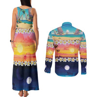 Hawaii Beach Landscape Time-Lapse Couples Matching Tank Maxi Dress and Long Sleeve Button Shirt Tropical Plumeria Flowers LT01 - Polynesian Pride