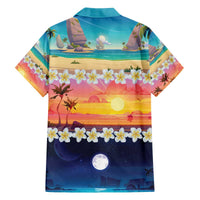 Hawaii Beach Landscape Time-Lapse Family Matching Off The Shoulder Long Sleeve Dress and Hawaiian Shirt Tropical Plumeria Flowers LT01 - Polynesian Pride