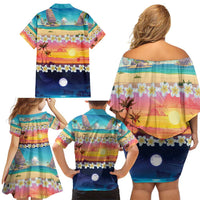 Hawaii Beach Landscape Time-Lapse Family Matching Off Shoulder Short Dress and Hawaiian Shirt Tropical Plumeria Flowers LT01 - Polynesian Pride