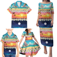 Hawaii Beach Landscape Time-Lapse Family Matching Puletasi and Hawaiian Shirt Tropical Plumeria Flowers LT01 - Polynesian Pride
