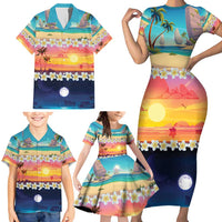 Hawaii Beach Landscape Time-Lapse Family Matching Short Sleeve Bodycon Dress and Hawaiian Shirt Tropical Plumeria Flowers LT01 - Polynesian Pride