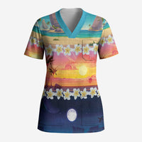 Hawaii Beach Landscape Time-Lapse Scrub Top Tropical Plumeria Flowers LT01 Adult Multicolor - Polynesian Pride