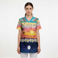 Hawaii Beach Landscape Time-Lapse Scrub Top Tropical Plumeria Flowers LT01 - Polynesian Pride