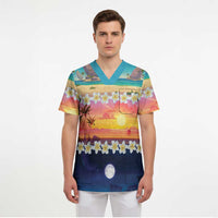 Hawaii Beach Landscape Time-Lapse Scrub Top Tropical Plumeria Flowers LT01 - Polynesian Pride