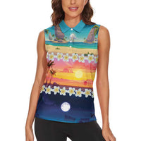 Hawaii Beach Landscape Time-Lapse Women Sleeveless Polo Shirt Tropical Plumeria Flowers LT01 - Polynesian Pride