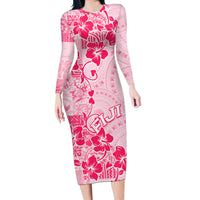 Fiji Masi With Hibiscus Tapa Tribal Long Sleeve Bodycon Dress Pink Pastel LT01 Long Dress Pink - Polynesian Pride