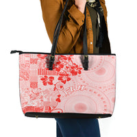 Fiji Masi With Hibiscus Tapa Tribal Leather Tote Bag Red Pastel LT01 - Polynesian Pride