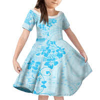 Fiji Masi With Hibiscus Tapa Tribal Family Matching Off Shoulder Short Dress and Hawaiian Shirt Sky Blue Pastel LT01 Daughter's Dress Blue - Polynesian Pride