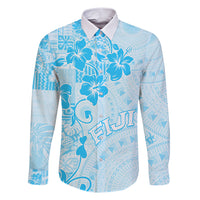 Fiji Masi With Hibiscus Tapa Tribal Family Matching Short Sleeve Bodycon Dress and Hawaiian Shirt Sky Blue Pastel LT01 Dad's Shirt - Long Sleeve Blue - Polynesian Pride