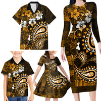 Fiji Masi Paisley With Hibiscus Tapa Family Matching Long Sleeve Bodycon Dress and Hawaiian Shirt Gold Version LT01 - Polynesian Pride