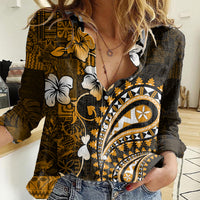 Fiji Masi Paisley With Hibiscus Tapa Women Casual Shirt Gold Version LT01 Female Gold - Polynesian Pride