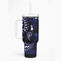 Fiji Masi Paisley With Hibiscus Tapa Tumbler With Handle Navy Blue Version