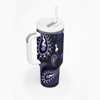 Fiji Masi Paisley With Hibiscus Tapa Tumbler With Handle Navy Blue Version