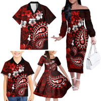 Fiji Masi Paisley Family Matching Off Shoulder Long Sleeve Dress and Hawaiian Shirt Fijian Hibiscus Tapa Red Version LT01 - Polynesian Pride