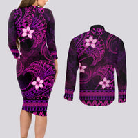 FSM Pohnpei State Couples Matching Long Sleeve Bodycon Dress and Long Sleeve Button Shirt Tribal Pattern Pink Version LT01 - Polynesian Pride