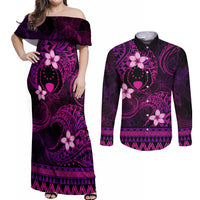 FSM Pohnpei State Couples Matching Off Shoulder Maxi Dress and Long Sleeve Button Shirt Tribal Pattern Pink Version LT01 Pink - Polynesian Pride