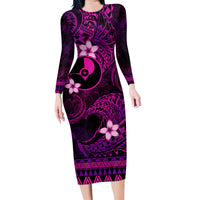 FSM Yap State Family Matching Long Sleeve Bodycon Dress and Hawaiian Shirt Tribal Pattern Pink Version LT01 Mom's Dress Pink - Polynesian Pride