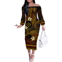 FSM Kosrae State Off The Shoulder Long Sleeve Dress Tribal Pattern Gold Version LT01 Women Gold - Polynesian Pride