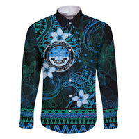 FSM Culture Day Family Matching Off Shoulder Maxi Dress and Hawaiian Shirt Tribal Pattern Ocean Version LT01 Dad's Shirt - Long Sleeve Blue - Polynesian Pride