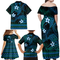 FSM Pohnpei State Family Matching Off Shoulder Maxi Dress and Hawaiian Shirt Tribal Pattern Ocean Version LT01 - Polynesian Pride
