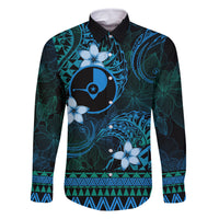 FSM Yap State Family Matching Long Sleeve Bodycon Dress and Hawaiian Shirt Tribal Pattern Ocean Version LT01 Dad's Shirt - Long Sleeve Blue - Polynesian Pride