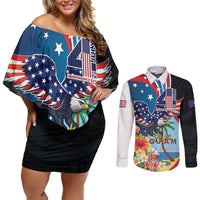 Personalized Guam Fourth of July Couples Matching Off Shoulder Short Dress and Long Sleeve Button Shirt Tropical Flowers LT01 Multicolor - Polynesian Pride