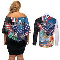 Personalized Guam Fourth of July Couples Matching Off Shoulder Short Dress and Long Sleeve Button Shirt Tropical Flowers LT01 - Polynesian Pride