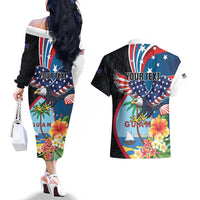 Personalized Guam Fourth of July Couples Matching Off The Shoulder Long Sleeve Dress and Hawaiian Shirt Tropical Flowers LT01 - Polynesian Pride