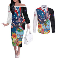 Personalized Guam Fourth of July Couples Matching Off The Shoulder Long Sleeve Dress and Long Sleeve Button Shirt Tropical Flowers LT01 Multicolor - Polynesian Pride