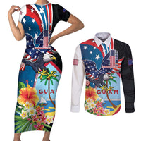Personalized Guam Fourth of July Couples Matching Short Sleeve Bodycon Dress and Long Sleeve Button Shirt Tropical Flowers LT01 Multicolor - Polynesian Pride