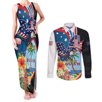 Personalized Guam Fourth of July Couples Matching Tank Maxi Dress and Long Sleeve Button Shirt Tropical Flowers LT01 Multicolor - Polynesian Pride