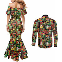 Hawaiian Santa Christmas Pattern Couples Matching Mermaid Dress and Long Sleeve Button Shirt Black Version - Polynesian Pride