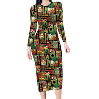 Hawaiian Santa Christmas Pattern Family Matching Long Sleeve Bodycon Dress and Hawaiian Shirt Black Version LT01 Mom's Dress Red - Polynesian Pride