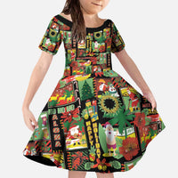 Hawaiian Santa Christmas Pattern Family Matching Off The Shoulder Long Sleeve Dress and Hawaiian Shirt Black Version LT01 Daughter's Dress Red - Polynesian Pride