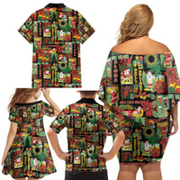 Hawaiian Santa Christmas Pattern Family Matching Off Shoulder Short Dress and Hawaiian Shirt Black Version LT01 - Polynesian Pride