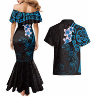 New Zealand Tuatara Plumeria Couples Matching Mermaid Dress and Hawaiian Shirt Maori Blue Koru Tribal Tattoo LT01 - Polynesian Pride