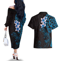 New Zealand Tuatara Plumeria Couples Matching Off The Shoulder Long Sleeve Dress and Hawaiian Shirt Maori Blue Koru Tribal Tattoo LT01 - Polynesian Pride