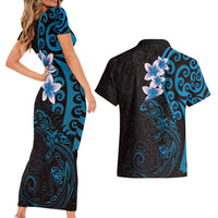 New Zealand Tuatara Plumeria Couples Matching Short Sleeve Bodycon Dress and Hawaiian Shirt Maori Blue Koru Tribal Tattoo LT01 - Polynesian Pride