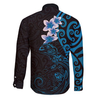 New Zealand Tuatara Plumeria Family Matching Off The Shoulder Long Sleeve Dress and Hawaiian Shirt Maori Blue Koru Tribal Tattoo LT01 - Polynesian Pride